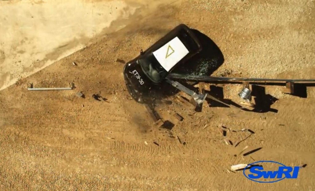 A compliance test of an ET-Plus terminal causes the rail to pierce the driver's door of a test vehicle. This questionable result is compared to the damage of these terminals found in real-life impacts.
